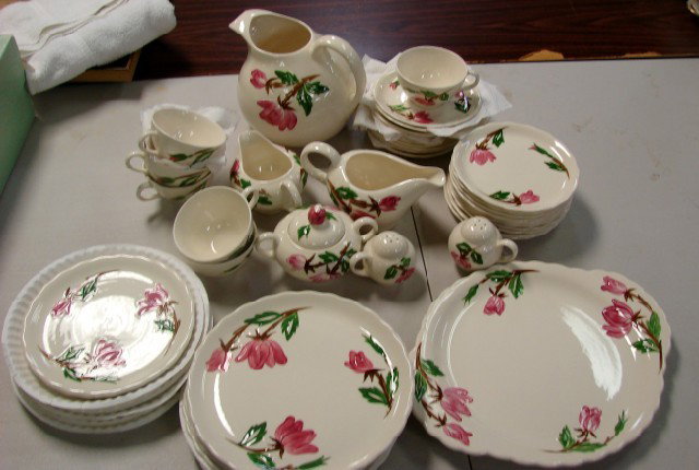 American Beauty by Canonsburg Pottery - 45 pcs.: Handpainted pottery dinnerware by Canonsburg Pottery in Pa. American Beauty pattern: 6 ea .dinner plates, lunch plates, & cups, 10 saucers, 10 bread & butter plates, 1 platter, salt & pepper, pitcher,