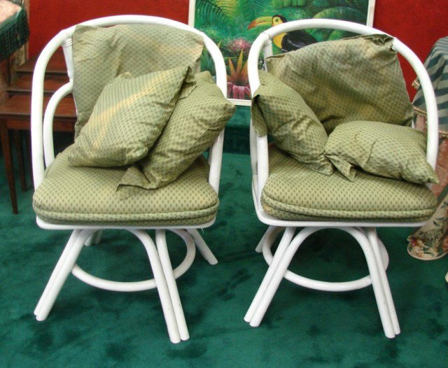 Pair of painted white rattan chairs: Pair of painted white rattan chairs