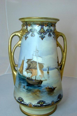 Hand painted 2 Handled Nippon Vase - Sailing Scene: Hand painted double handled Nippon Vase - Sailing Scene, Noritake Morimura mark on bottom; tiny flake chip on rim painted gold, see photo. 12.5" tall.