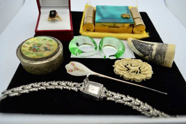 Lot of jewelry including Baccarat earrings: Lot of jewelry including vintage sterling Bucherer watch, 14kyg vintage onyx ring, pin from Heiligenblut, sterling & enamel hat pin, trinket box,signed scrimshaw,Buckler compact and crystal Baccarat h