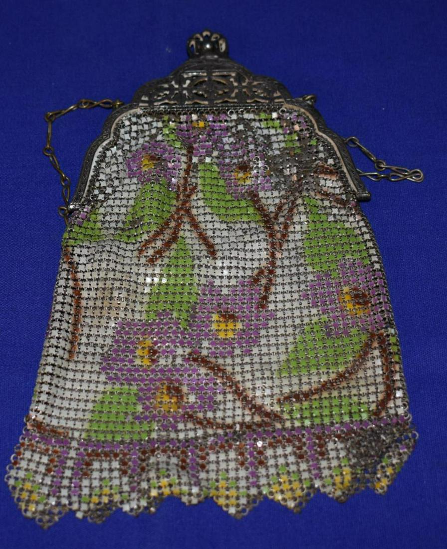 Vintage Whiting & Davis Art Deco Enameled Purse: Vintage Whiting & Davis Art Deco Enameled Mesh Purse 20's-30's with purple floral pattern, needs attention near the closing frame, firgure eight chain, and scalloped at the bottom. 3 1/4" wide 7 1/4"