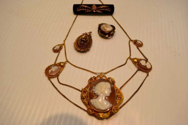 Vintage cameo necklace & pins: Victorian necklace with graduating cameos,small cameo, seed pearl locket along with seed pearl pin.
