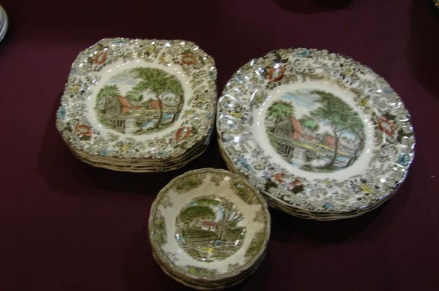 Johnson Bros. Friendly Village & Mill Stream - 14p: 5 Johnson Bros. Friendly Village fruit bowls and 4 Mill Stream dinner plates and 5 square lunch plates ; no chips or cracks.