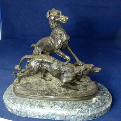 Bronze Statue by Pierre Jules Mene - two dogs: Heavy Bronze Statue by Pierre Jules Mene of two dogs, mounted on marble base; piece measures 9" l x 9" high, marble approx. 12" long.