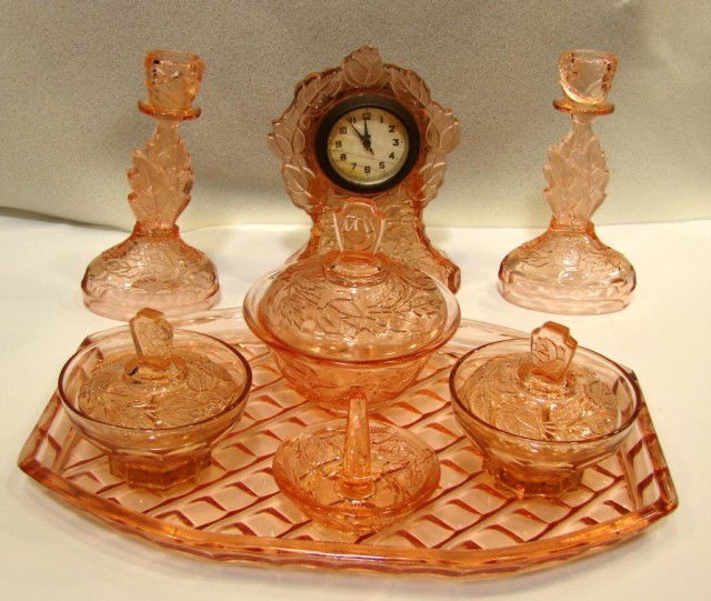 61 11 pc. Antique Pink Glass Dresser Set