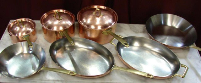 10 pcs. Copper Pots & Pans by Revere: 10 pcs. set of copper clad stainless steel pans by Revere; excellent condition.