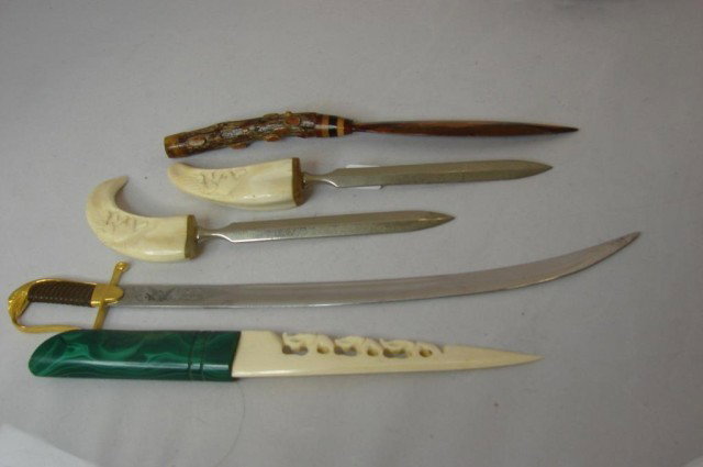 5 vintage letter openers, malachite & ivory: 5 vintage letter openers; 2 have similar ivory handles, one has a malachite handle and ivory or bone blade, sizes range from 8" to 12"