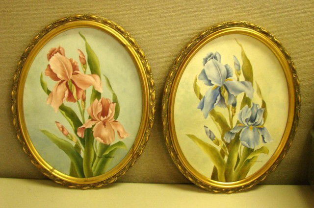 Pair of Original Oil Paintings of Iris Signed: Pair of oval framed original oil on canvas paintings of Iris, signed Nina Critchfield; one frame has been repaired. 16" x 13"