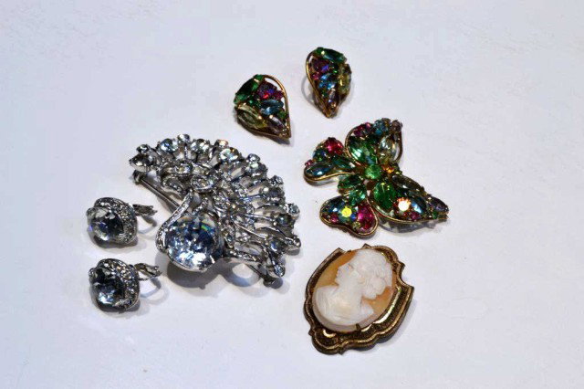 Vintage Haskell, Isenberg &Weiss jewelry: Vintage costume jewelry by Weiss, Haskell and Eisenberg; brooch with matching earrings and cameo brooch by Haskell.