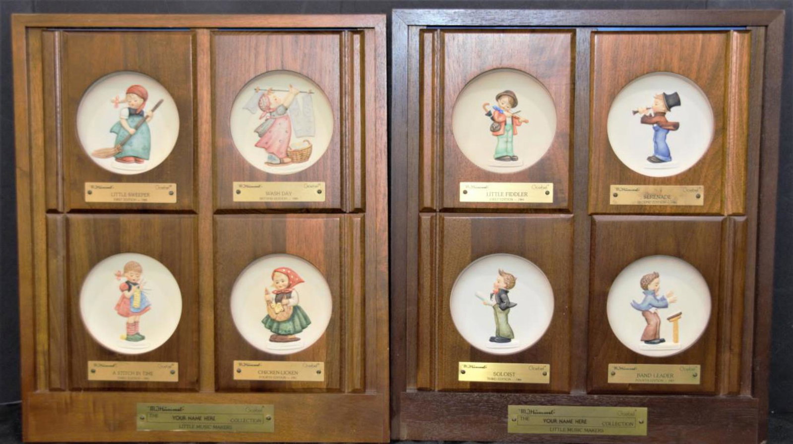 Hummel Plaques. Total of 8 plaques: Hummel Plaques. Total of 8 plaques. Each measures 4" in diameter. Consists of Little Fiddler First Edition-1984. Serenade Second Edition 1985. Soloist Third Edition 1986. Band Leader Fourth Edition 19