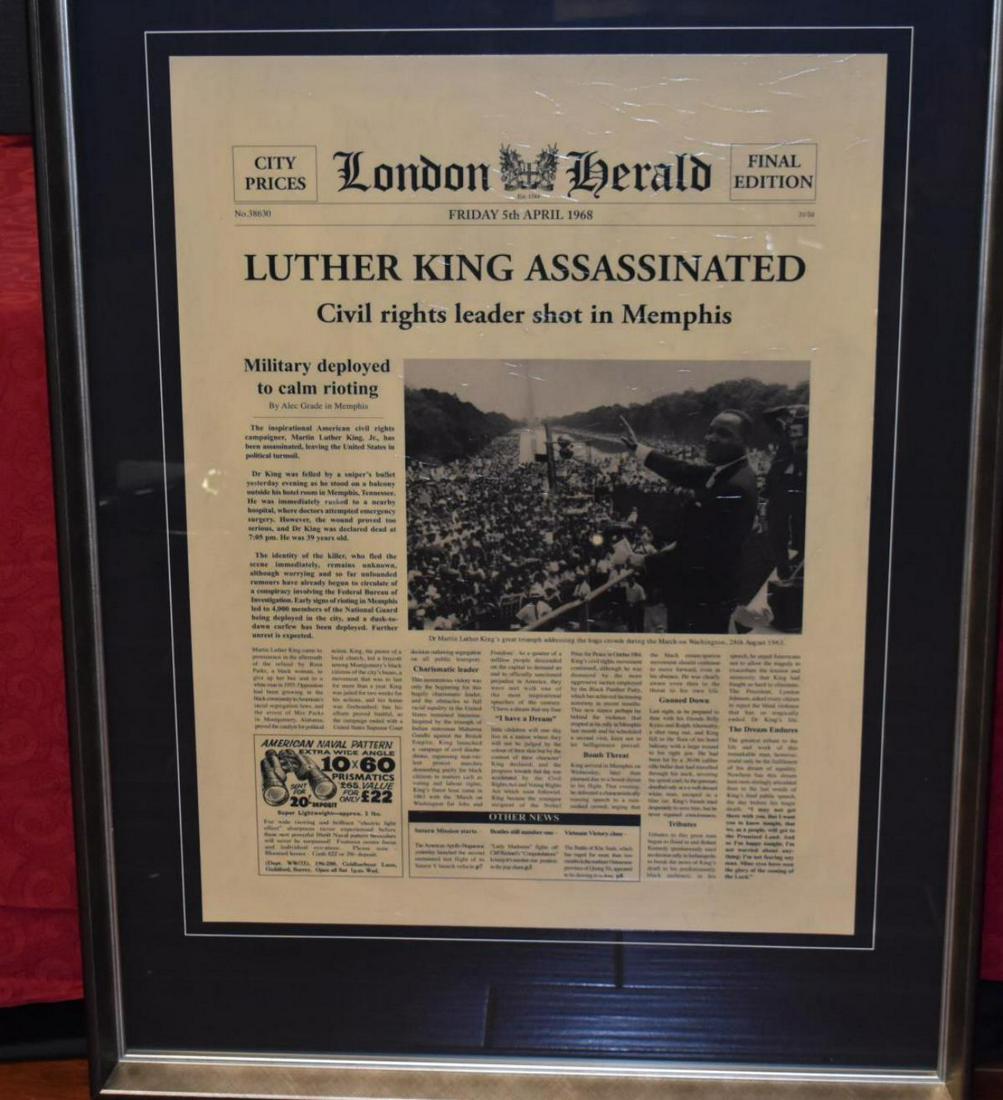 Framed London Herald Luther King Assassinated: Framed London Herald Luther King Assassinated. Stands 42" in height. Measures 32" in diameter. Ornate frame. Mercana sticker on the back on the frame. Reads City Prices London Herald Final edition Fri