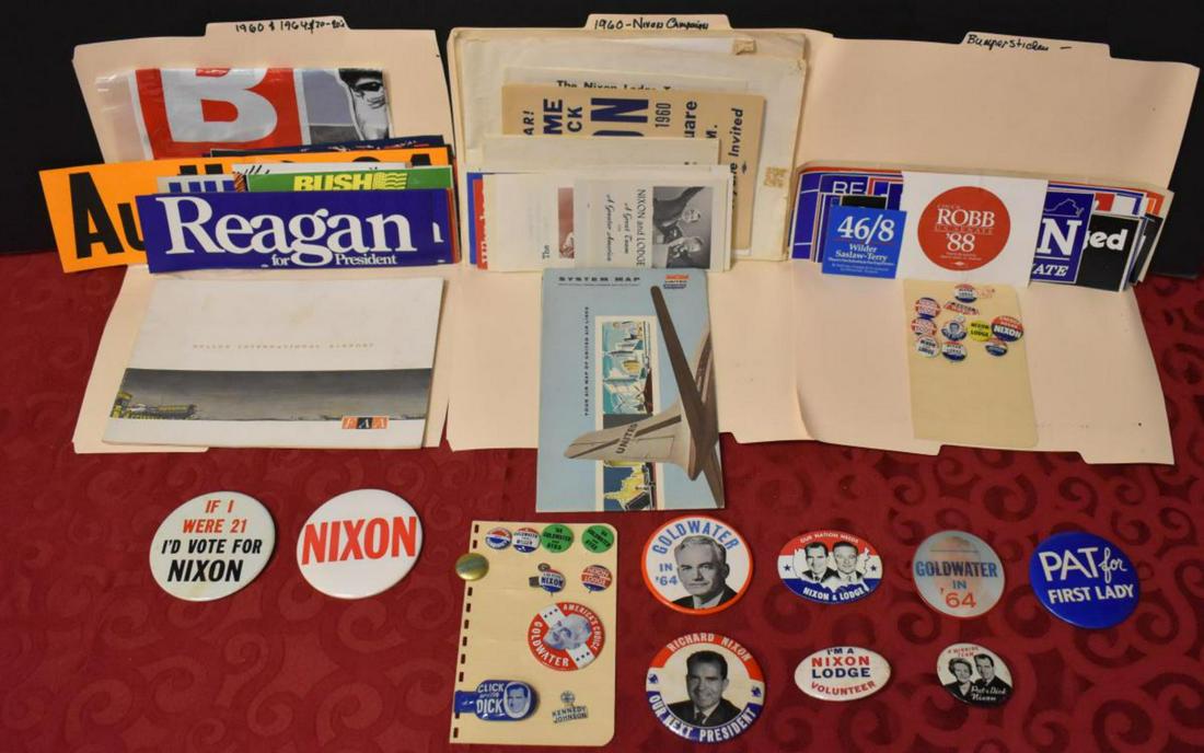 Group Of Political Buttons & Bumper Stickers: Group Of Political Buttons & Bumper Stickers. 1960's on the Buttons and 1970's-1980's on the Bumper Stickers. Buttons consists of A Winning Team Pat And Dick Nixon. Our Nation Needs Nixon And Lodge. N