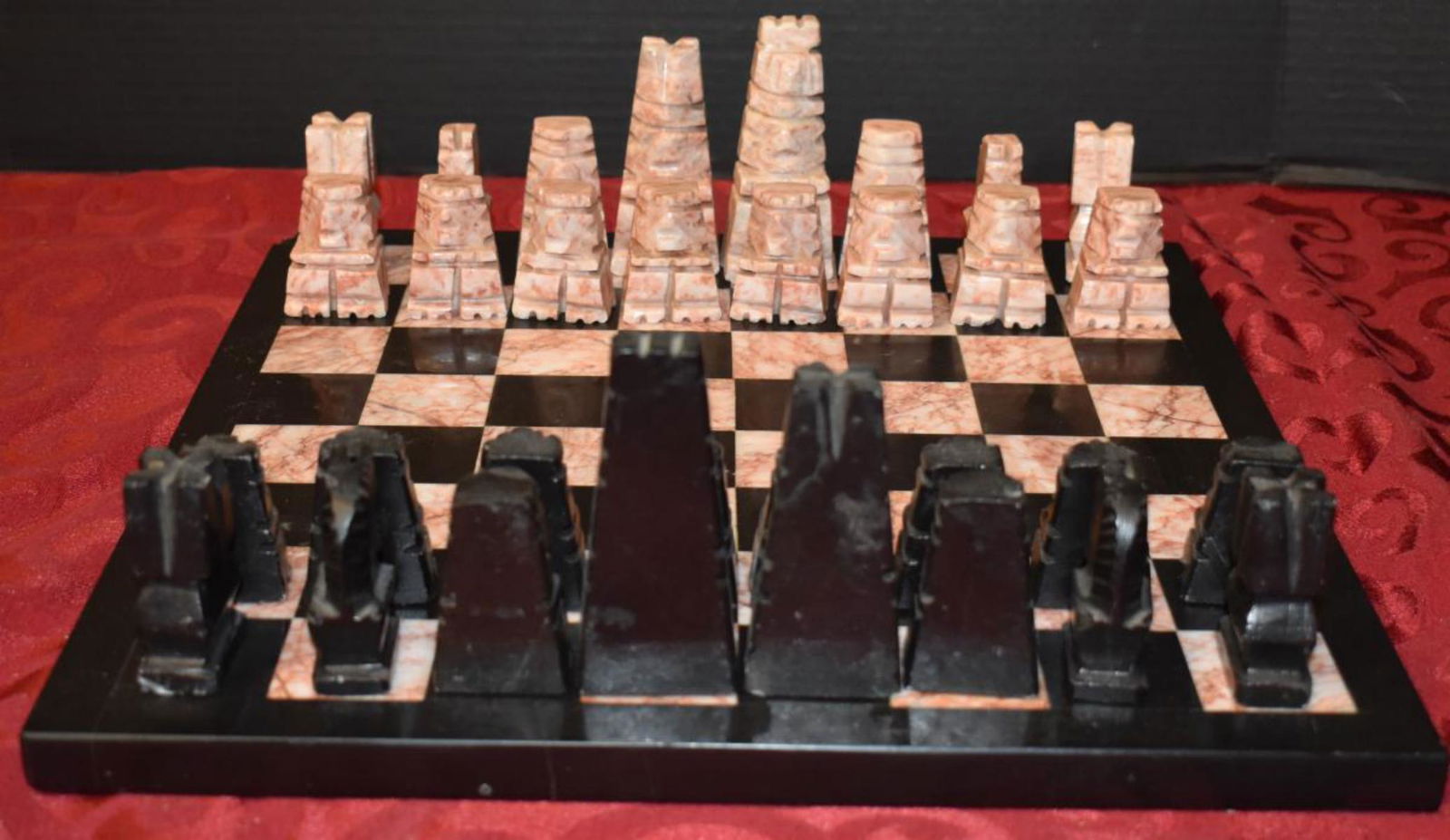 Onyx & Marble Chess Set: Onyx & Marble Chess Set. Has all pieces to the set. Board. There are some chess pieces with chips to them. Board also has a small chip in the corner. Board measures 14"x14". Chess pieces measures from