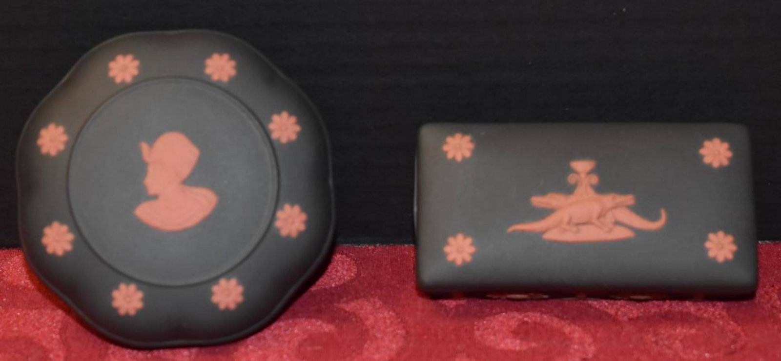2 Wedgwood Terracotta Jasperware Basalt Trinket: Wedgwood Terracotta Jasperware Basalt Trinket Boxes, includes King Tut Scalloped dresser box, and rectangular crocodile design trinket box.