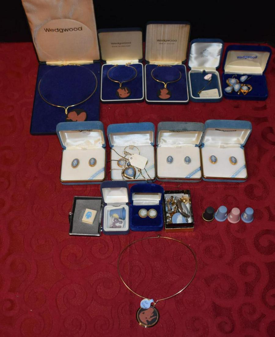 Lot of Wedgewood Costume Jewelry: Lot of Wedgewood Costume Jewelry, includes blue and white Jasperware earrings, necklace and earring set, pins, pendants, cuff links, Black Balsalt terracotta Egyptian bracelets, necklace's, etc