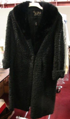 Vintage Full Length Persian Lamb & Blond Fur Coat: Vintage Persian Lamb Coat and a full length blond fur coat (skins separating in back) - it may be mink or blond beaver.