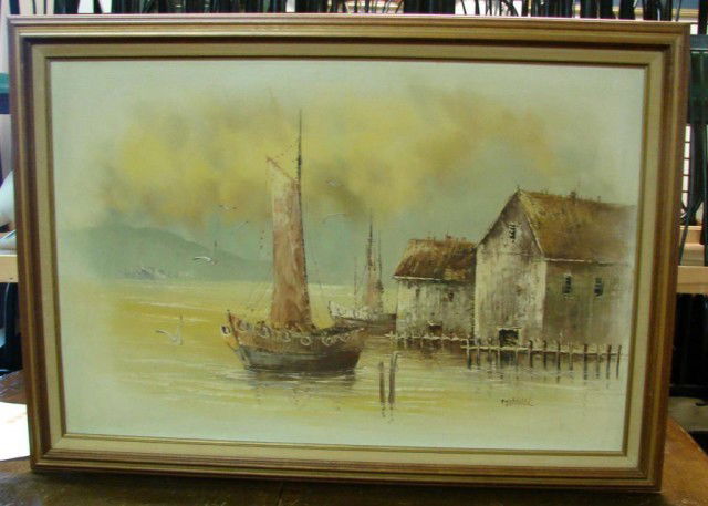 Oil Painting On Canvas Sailing Ship Signed Morgan