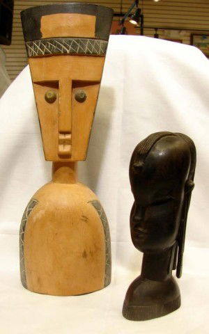 Carved Ebony Head, 2 Shoe Lasts, Sculpture: Carved ebony head from Africa, decorative head from Ghana and a pair of vintage wooden shoe lasts.