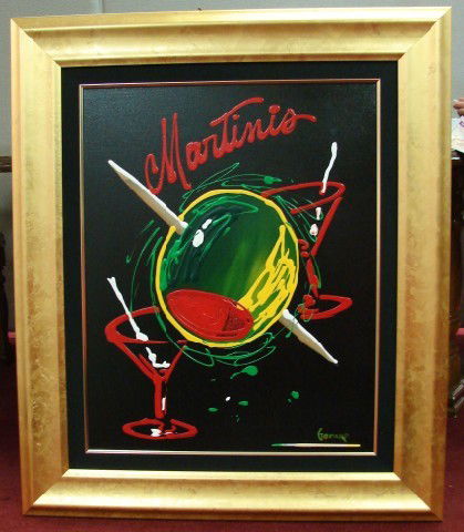Michael Goddard Original Olive w/Toothpick: Framed in gold wood Michael Goddard Original Olive with Toothpick (Black) 2006; with COA from Princess Fine Arts, image size 24" x 30"; framed size 36 x 42". Professional shipping required.
