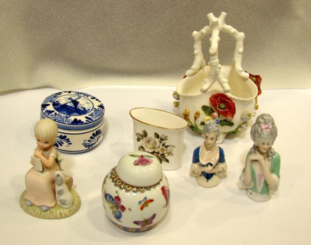 Vintage Porcelain lot incl. 2 Porcelain Half Dolls: Vintage lot including 2 Victorian porcelain half dolls (used to be attached to pin cushions), Royal Worcester toothpick holder, cov ' trinket box from Holland d, Lefton figurine, sm. Chinese ginger ja