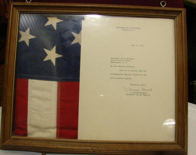 U.S. Flag Flown over the Capitol in 1963: United States Flag with a letter from J. George Stewart, the Architect of the Capitol, dated June 17, 1963, to Estes Kefauver certifying that it had flown over the capitol.