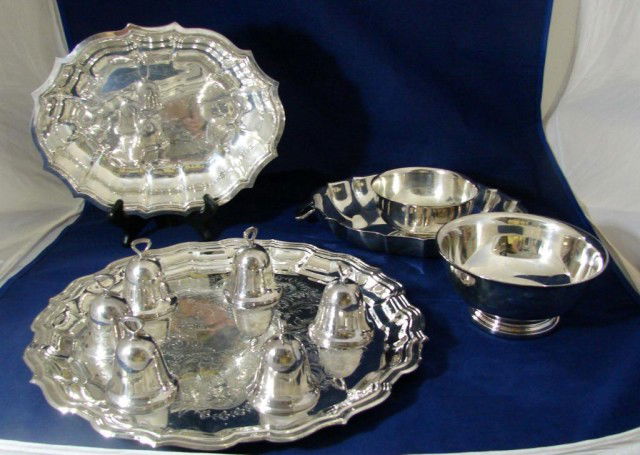 Silver Plate Tray, 4 bowls, 6 bells: Silver Plate Tray 14", 6 Christmas Bells, Wallace Bowl, Gorham Bowl, Chippendale oval serving bowl.
