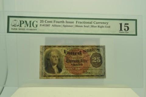 25 Cent Fourth Issue Fractional Currency PMG CF15: 25 Cent Fourth Issue Fractional Currency Fr#1307 Allison/Spinner/38mm Seal/Blue Right End PMG Choice Fine15