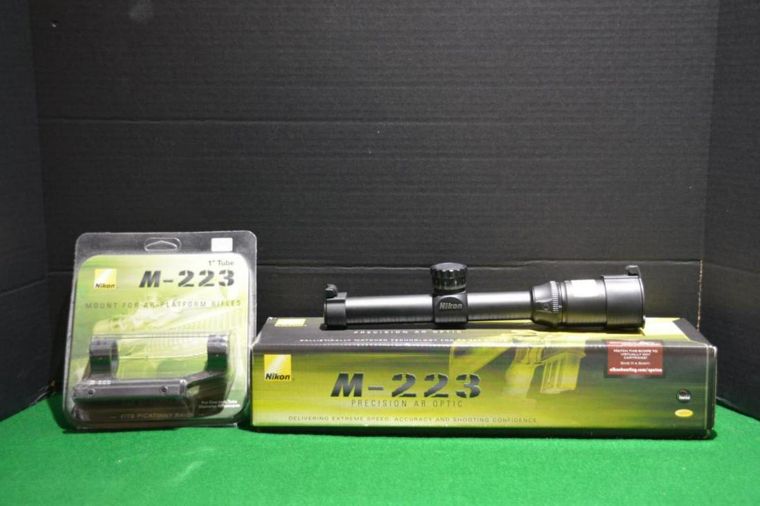 Nikon M-223 Rifle Scope 4-16x 42mm Matte BDC 600: Nikon M-223 Rifle Scope 4-16x 42mm Matte BDC 600, in the original box, with Nikon M-223 1-Piece Scope Mount Picatinny Style, in original packaging.