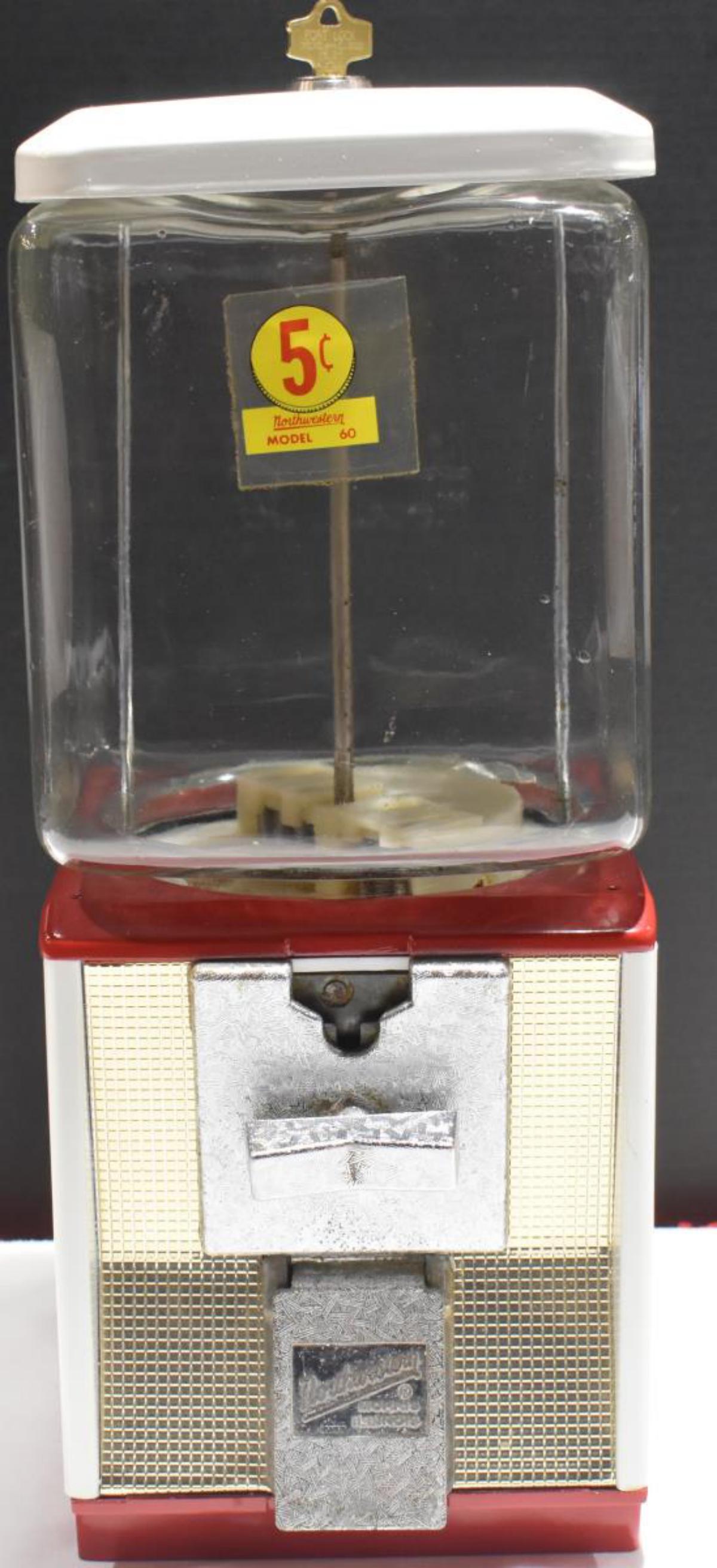 Northwestern 5 Cent Bubble Gum Machine: Northwestern 5 cent Bubble Gum Machine. Comes with key. Stands 17" in height. A Nickel Drink Pepsi Cola 5 cent Worth A Dime sticker on the bubble gum machine. Place nickel in slot turn and release bub