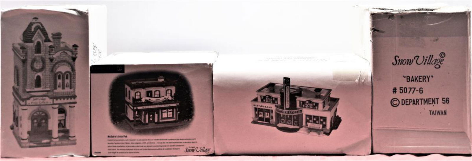 Department 56 Snow Village 4 Piece Collection: Department 56 Snow Village 4 piece collection including Post Office, McGuires Irish Pub, Bakery and the Reindeer Bus Depot. We have not inspected every box. Although well cared for, they may have smal