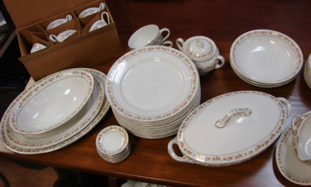 Vintage Set of China Moritz Zdekauer Austria c1900: Vintage Set of China Moritz Zdekauer Austria c1900, 9 dinner plates, 8 butter pats,cov'd oval serving dish, oval veg., 2 platters, gravy, sugar + some cracks and a few chips; sold as is; +7 cups & sau