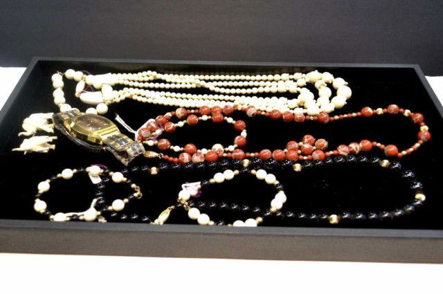 Lot of ivory, onyx & jasper jewelry: Lot of ivory, black onyx, jasper necklaces with matching bracelets, 2 ivory elephant pendants and Seiko 17 jewel automatic watch in good running condition.