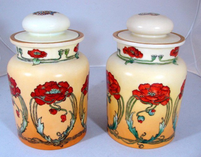 Pair T&V Limoges France Humidors: Pair of Tressemanes & Vogt Limoges France Humidors, hand painted and they look to be a matched pair but one has a date of 1902 and one 1904 written on the bottom. No chips or cracks; tops are monogram