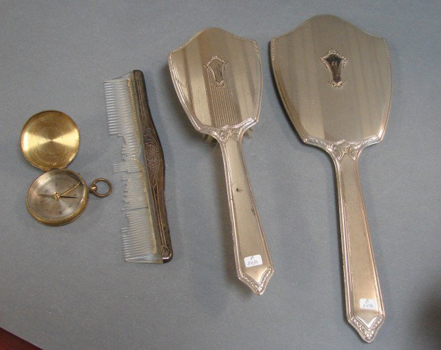 Sterling silver dresser set: Mirror, Brush & Comb: Sterling silver dresser set: Mirror, Brush & Comb, total wt. 15 oz., comb & brush are broken; also a French compass (not working)