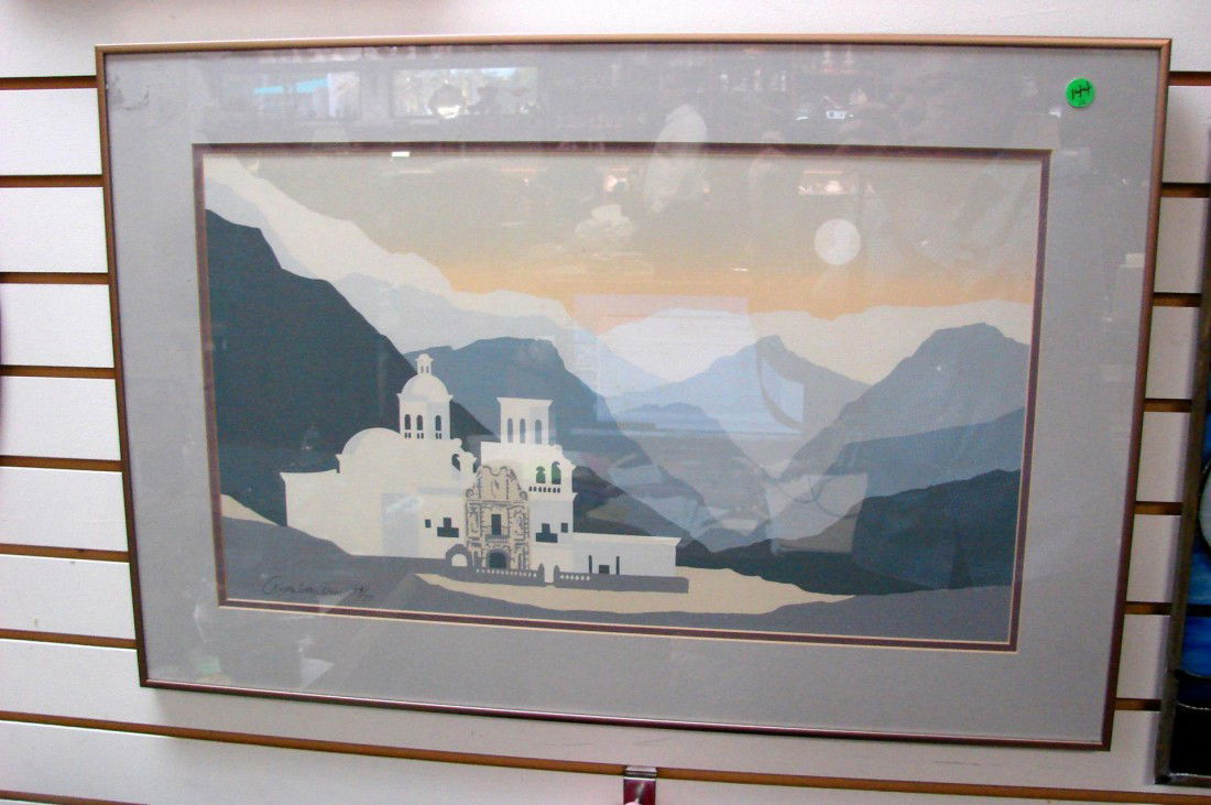 Framed Serigraph by Anke VanDun - Arizona Scene: Framed Serigraph by Anke VanDun - Arizona Scene , 30" x 20". Born in Holland, Anke is a versatile and talented artist, whose love of the deserts of the west shows in her many paintings of the area.