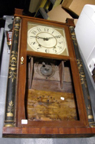 Antique Eli Terry Wooden Shelf Clock: Antique Eli Terry Wooden Shelf Clock missing glass or picture in door.