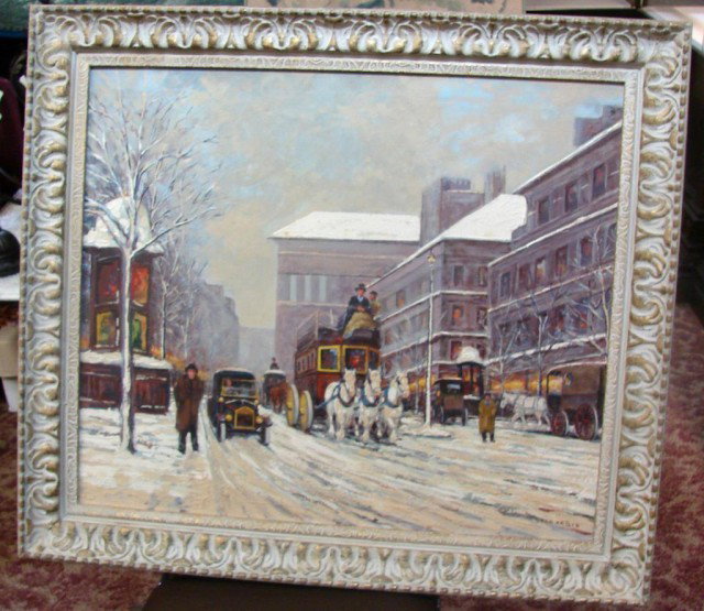 French Winter Street Scene Painting by Stan Fabi: French Winter Scene Painting by Stan Fabis, beautifully framed; 33" x 30".