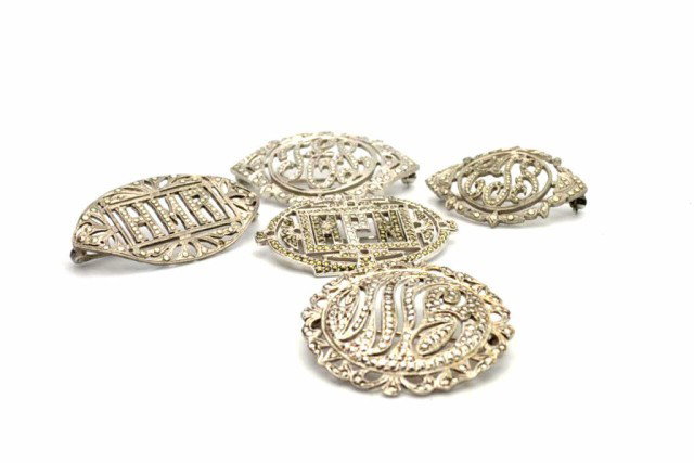 Vintage sterling & marcasite monogram pins: Vintage sterling & marcasite monogrammed pins.