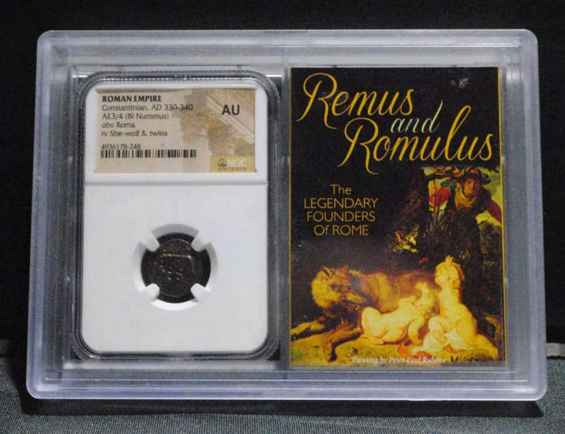 Constantinian, AD 330-340, Roman Empire, NGC AU: Constantinian, AD 330-340, She-Wolf, Roman Empire, AE3/4 (BI Nummus), NGC AU