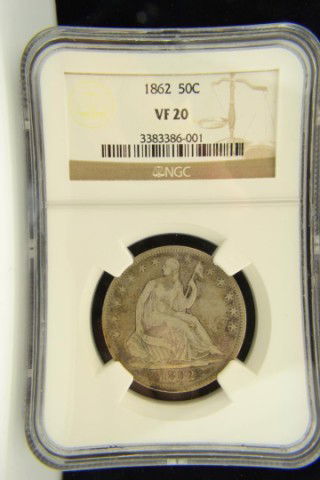 1862 L.S 50C NGC VF20: 1862 Liberty Seated Half Dollar NGC Very Fine 20