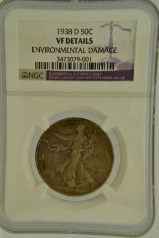 1938-D 50c Walking Lib Half Dollar NGC VF De E/D: 1938-D 50c Walking Liberty Half Dollar NGC Very Fine Details Environmentally Damaged