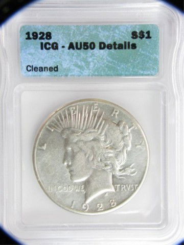 1928 $1 Peace Silver Dollar ICG-AU50 Details C: 1928 $1 Peace Silver Dollar ICG-About Uncirculated 50 Details Cleaned
