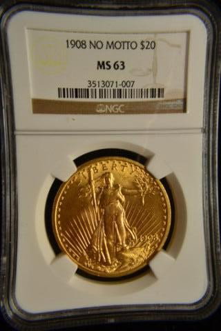 1908 No Motto $20 Saint Gaudens NGC MS63: 1908 No Motto $20 Saint Gaudens NGC MS63