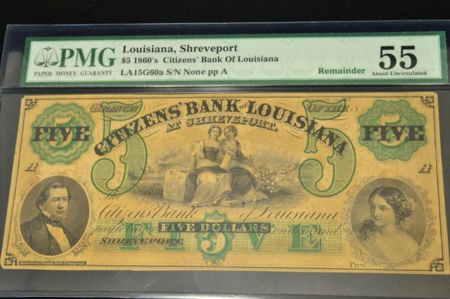 1860 $5 Citizen's Bank of Louisiana, PMG-AU55: 1860 $5 Citizen's Bank of Louisiana Paper Money Guaranty -About Uncirculated 55 LA15G60a S/N None pp A