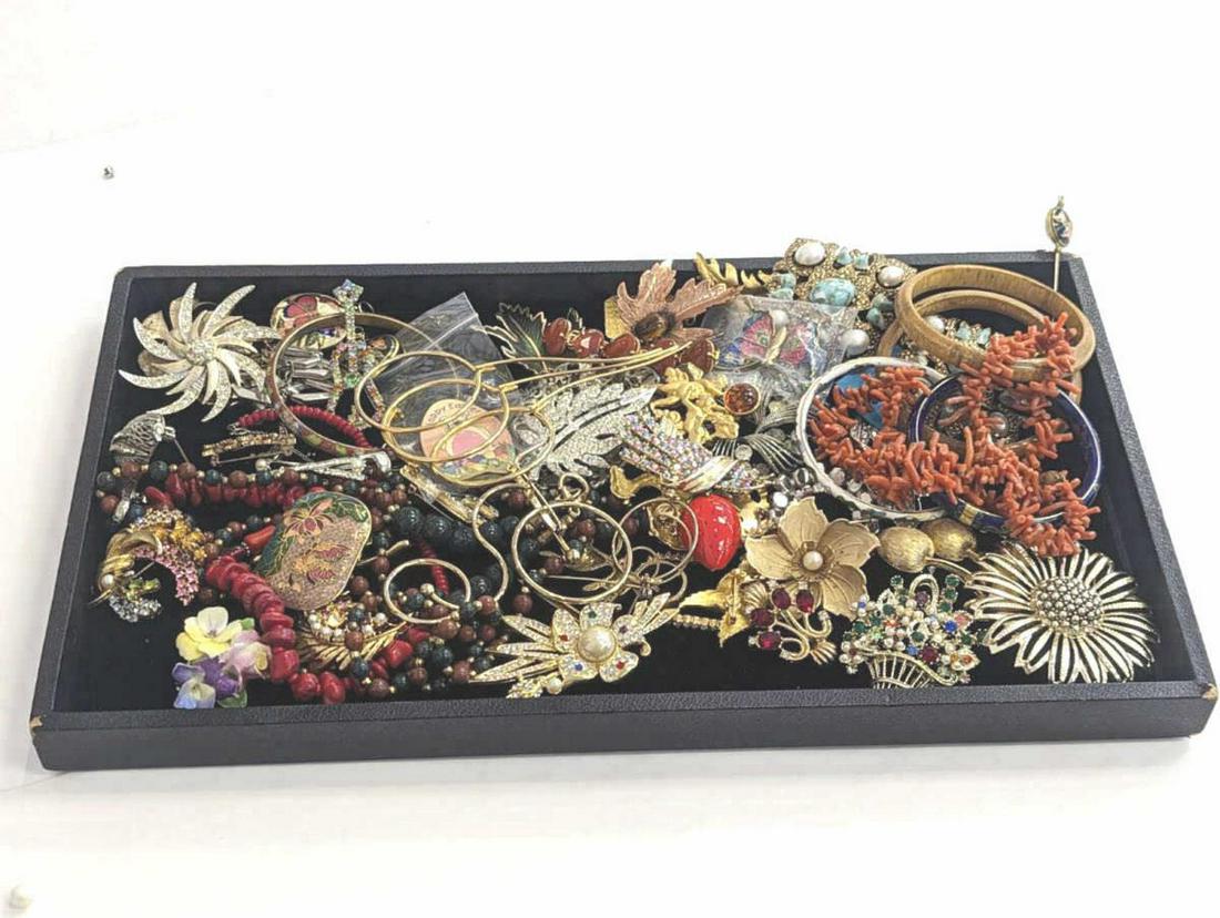 Costume Jewelry Lot Pins Necklaces Bracelets: Costume Jewelry collection of pins, necklaces, pendants and bracelets with colorful enamel, sparkly rhinestones, faux pearls and coral from designers such as Pell, LS, Coro, Sarah Cov, Gerry's and Zen