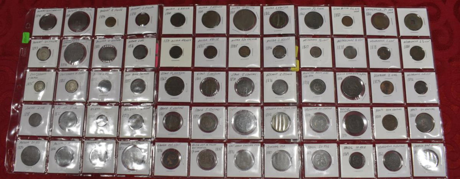 Group Of World Coins: Group Of World Coins. Total of 60 coins in he group. All coins are in cardboard holders. Coins date back from 1800's-late 1800's. Consists of Austria, Italy, France, Egypt, Hungary, Mexico etc.