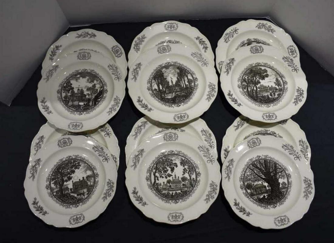 12 Wedgwood Williamsburg Commemorative Plates: Set Of 12 Wedgwood Williamsburg Commemorative Plates. Ivory body, scalloped edges, dark brown/black scenes. Includes; St George Tucker House, Capitol, Wren Building, Court House 1770, Archibald Blair 