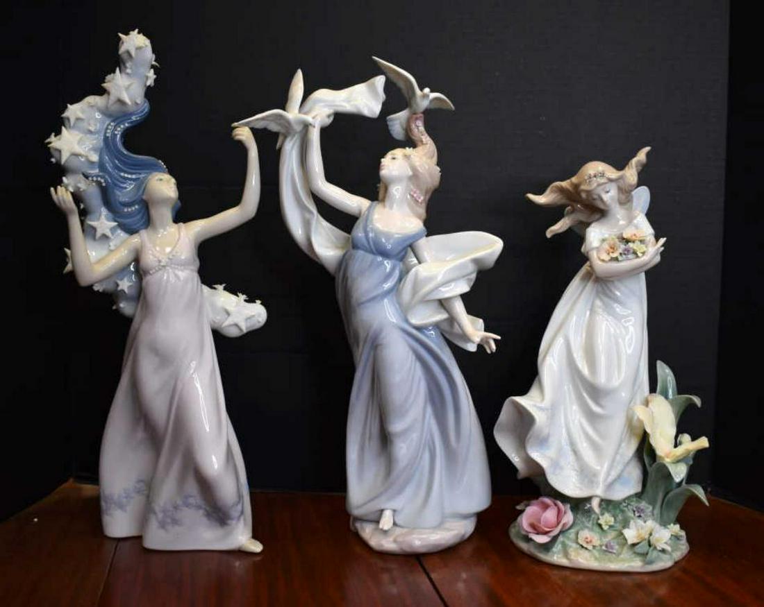 Trio of Retired Lladro Figurines With Flowing Hair: Trio of Retired Lladro Figurines With Flowing Hair. Including Mystical Garden 6686, The Milky Way 6569, New Horizons 6570. All in glazed finish. Properly hallmarked. All premium pieces that exhibit un