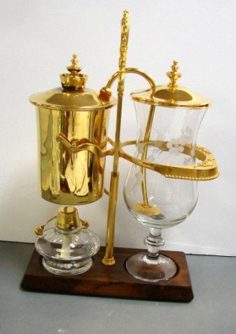 Etched Glass & Brass Swiss Coffee Maker: Etched Glass & Brass Swiss Coffee Maker, approx. 10 years old; no chips or cracks, some discoloration on top of brass lid on right side.