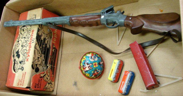 Lot of Vintage Toys: Rifle, Dog Sled, Tin Toys: Lot of Vintage Toys: Rifle, Dog Sled with 3 dogs, figurine, tin lodge, Tin Toys, Disney Xylophone.